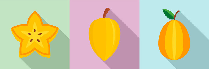 Carambola icons set. Flat set of carambola vector icons for web design