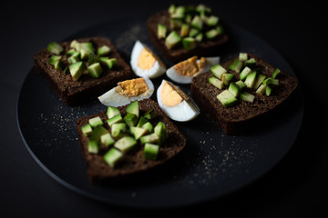 toast with avocado and egg on a black plate