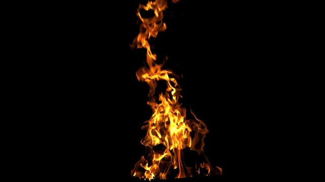 Fire burning in the slow motion isolated on dark background. Beautiful flame with logs burns brightly at night