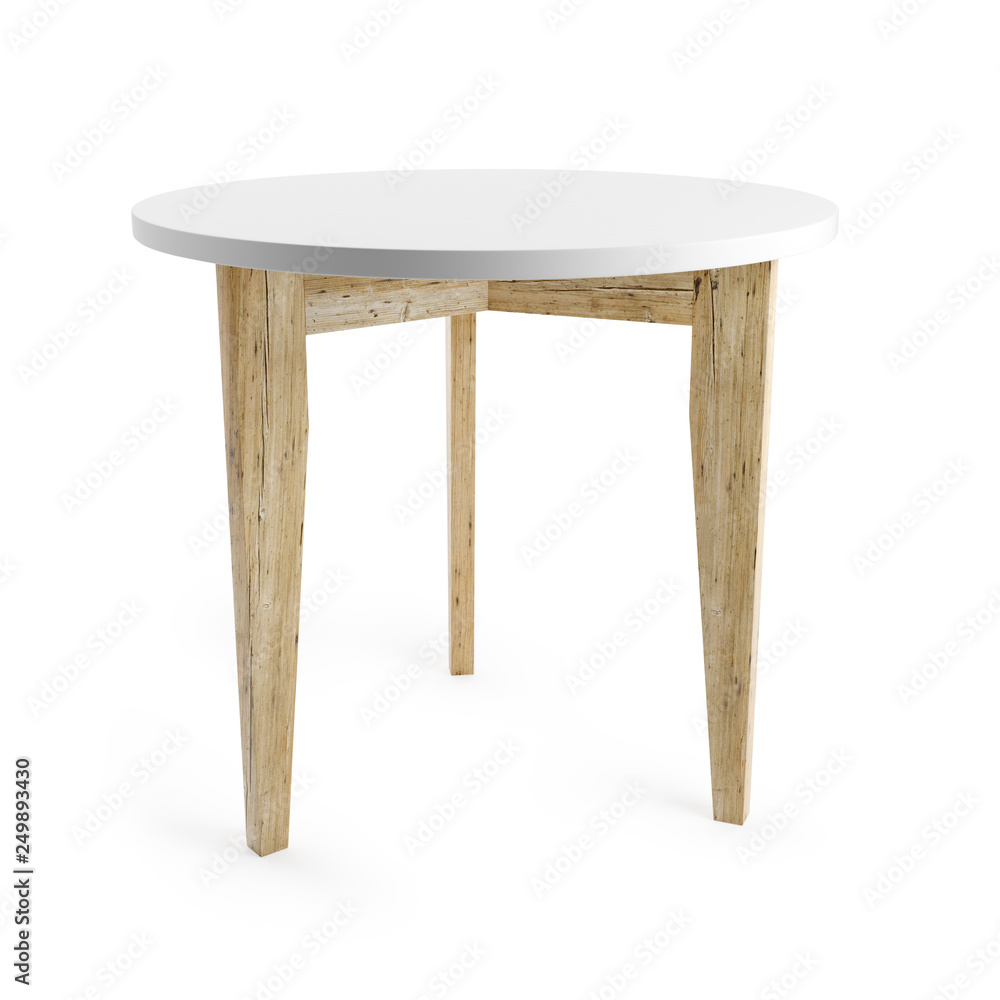 Poster White table with wooden legs isolated on white background with clipping path included. 3D rendering.