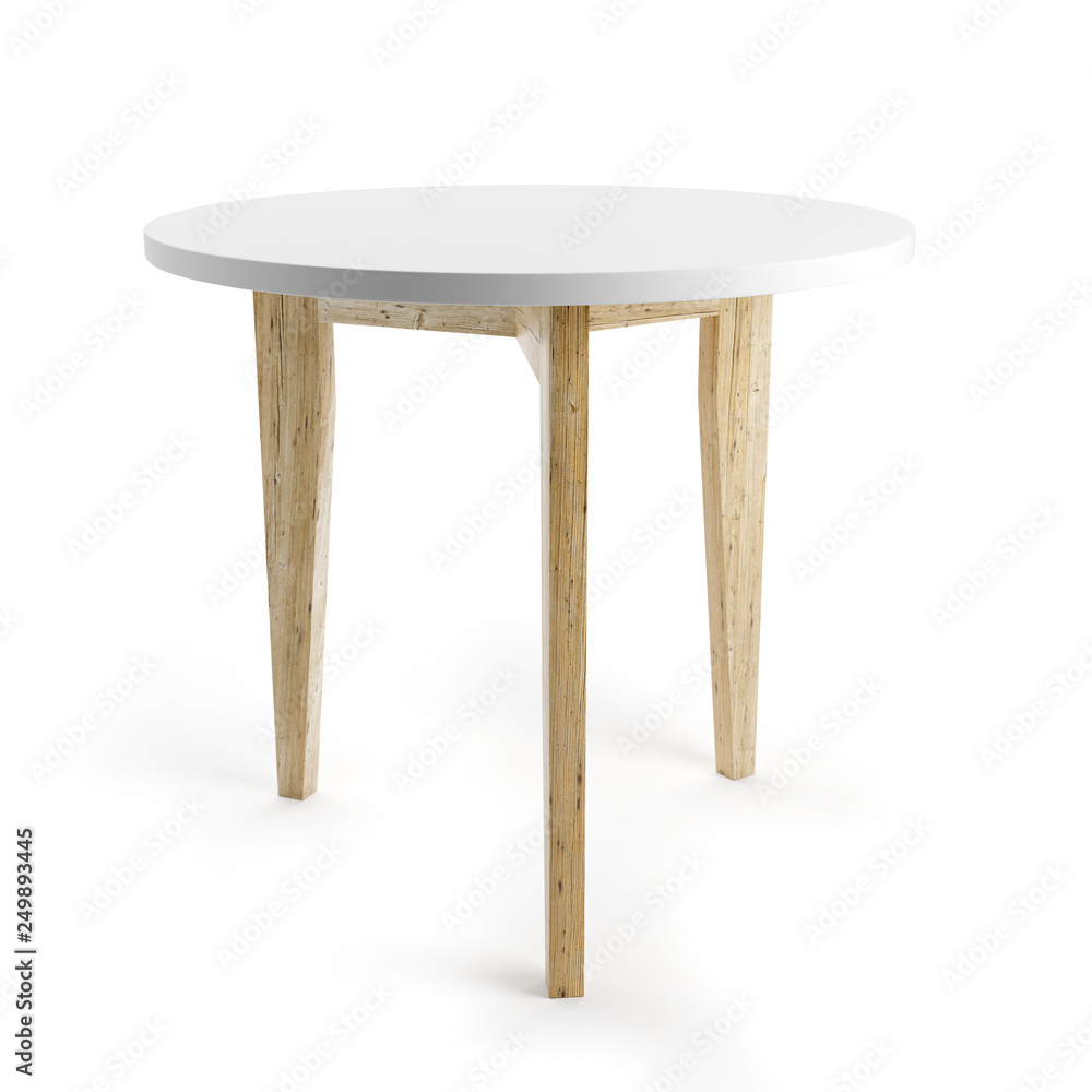 Poster White table with wooden legs isolated on white background with clipping path included. 3D rendering.