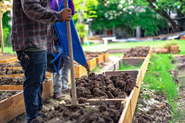 soil in rectangle flowerpot is prepared for homegrown vegetable planting in the garden.