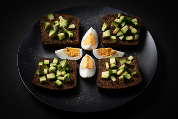 toast with avocado and egg on a black plate