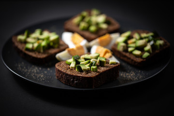 toast with avocado and egg on a black plate
