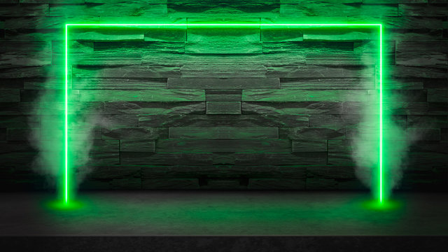 Empty dark stone table with green fluorescent neon laser lights in smoke. Party and night club concept background with copy space for text or product display.
