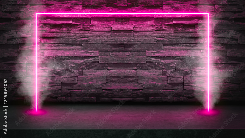 Canvas Prints empty dark stone table with pink fluorescent neon laser lights in smoke. party and night club concep