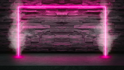Empty dark stone table with pink fluorescent neon laser lights in smoke. Party and night club concept background with copy space for text or product display.
