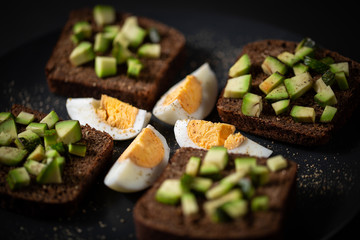 toast with avocado and egg on a black plate