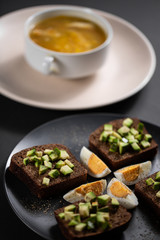 toast with avocado and egg on a black plate