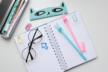 Top view of an open blank notebook with a rabbit pen, a ruler, glasses, funny clips