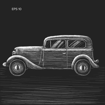 Old vintage retro pre-war car vector illustration. Exclusive car chalk style sketch