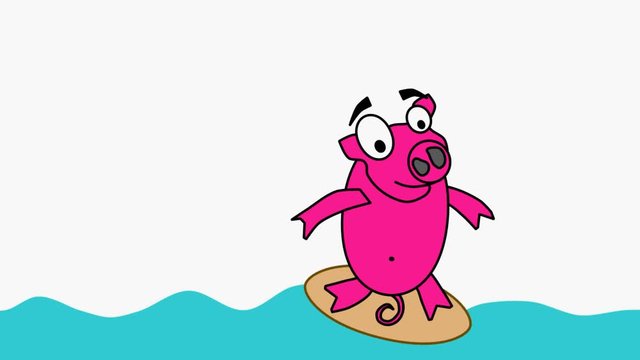 4k video surfing on the sea. Pig leads an active lifestyle. Swimmer on surfboard, sport and tourism.