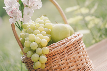 Picnic basket with grapes, apples, concept of relaxation