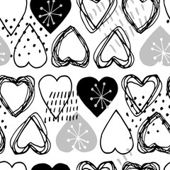 Beautiful vector seamless pattern in simple scandinavian style for Valentine day. Abstract hand drawn ink heart shapes on white background. Trendy wallpaper design for fabric and textile.