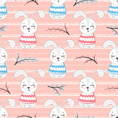 Easter Seamless Pattern with Cute Bunny, Flower Branches and Easter Eggs. Spring Background with Little Rabbit. Vector Illustration