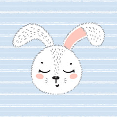T-shirt Print Design for Kids with Little Cute Bunny Head. Easter Rabbit Face and Blue Striped Seamless Pattern. Cartoon Animal Vector Illustration. Baby Shower Scandinavian Poster Design 