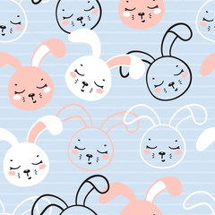 Cute Bunny Heads Blue Striped Seamless Pattern. Easter Little Rabbit Faces Background for Kids. Cartoon Animal Vector Illustration. Baby Shower Scandinavian Design with Sleeping Hares