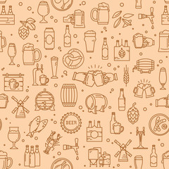 Seamless pattern kraft beer icons in modern style on the theme of beer, its production and use in vector format.