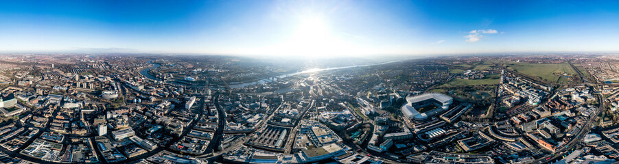 Newcastle upon Tyne Aerial 360 Panoramic Cityscape View in England, UK. Beautiful City Skyline and Famous Landmarks, Central Downtown Urban Buildings, Stadium feat. Wide Panorama on a Sunny Day.