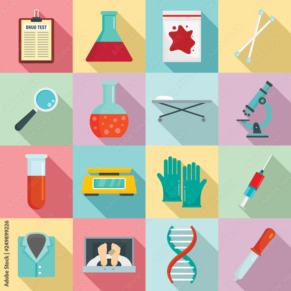 Poster forensic laboratory icons set. flat set of forensic laboratory vector icons for web design