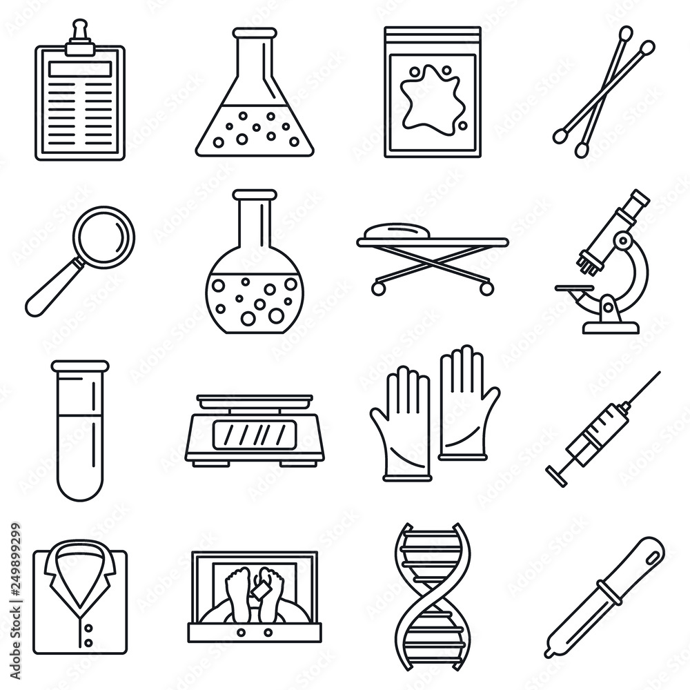 Poster dna investigation laboratory icons set. outline set of dna investigation laboratory vector icons for