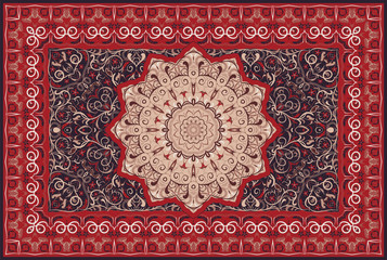 Vintage Arabic pattern. Persian colored carpet. Rich ornament for fabric design, handmade, interior decoration, textiles. Red background.