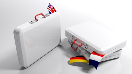 White suitecases with english, german and french flags - 3D rendering illustration