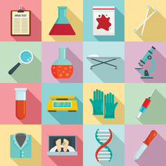 Forensic laboratory icons set. Flat set of forensic laboratory vector icons for web design