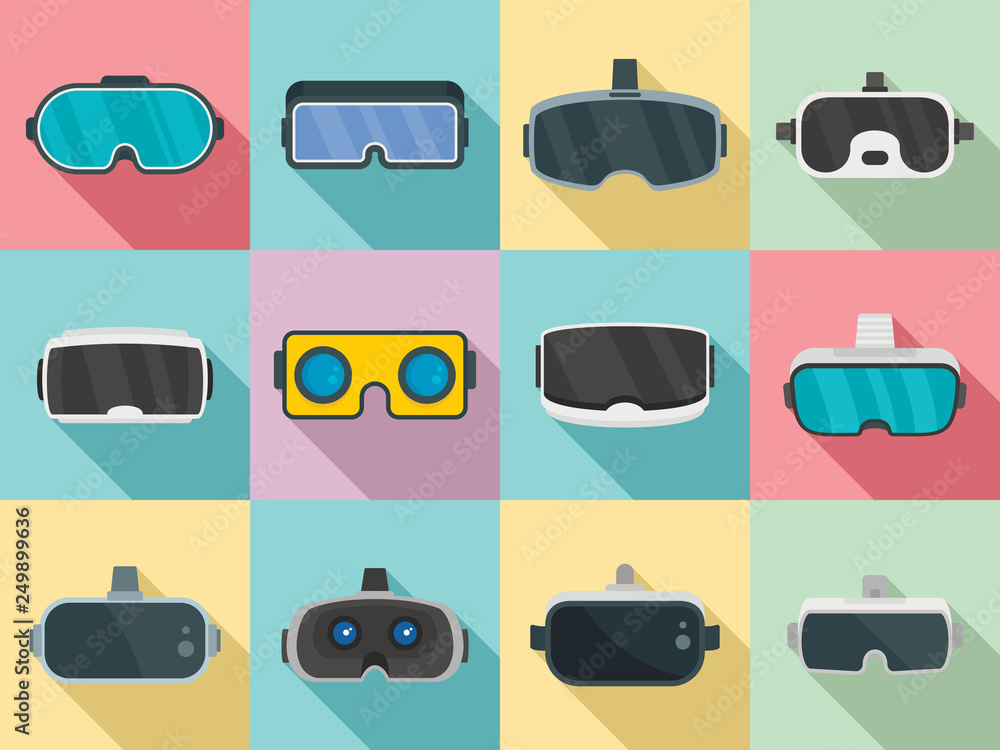 Poster game goggles icons set. flat set of game goggles vector icons for web design