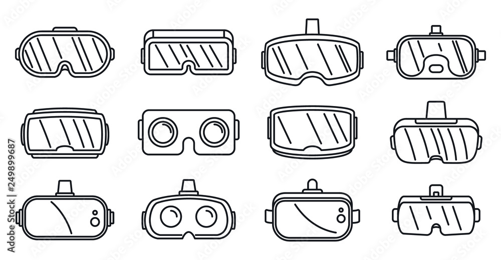 Poster video game goggles icons set. outline set of video game goggles vector icons for web design isolated