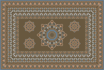 Vintage Arabic pattern. Persian colored carpet. Rich ornament for fabric design, handmade, interior decoration, textiles. Brown background.