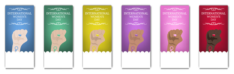 International Women's Day Flyer, Brochure. Women's March. Multinational Equality. Female hand with her fist raised up. Girl Power. Feminism concept. Vector illustration for Your Design.