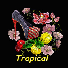 Tropical slogan. Embroidery woman shoes, lemon and flowers. Fashionable background, art style. Template for clothes, textiles, t-shirt design