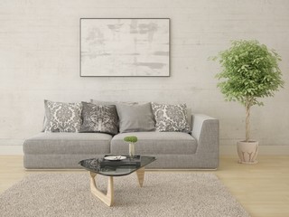 Mock up fashionable living room with a light compact sofa and hipster backdrop.