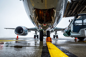 Passenger aircraft on maintenance and flight preparation. View under airplane fuselage in airport