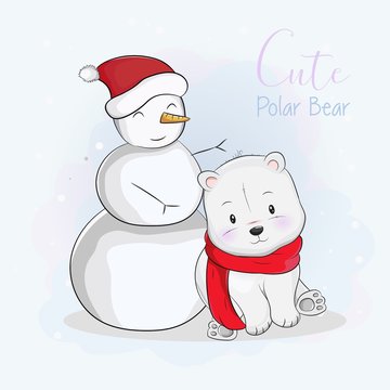 cute cartoon polar bear in scarf and snowman