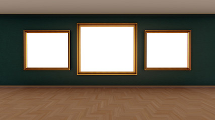 Frames on the gallery wall, 3D illustration