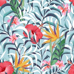 Tropical plants. Flowers and leaves. Seamless floral pattern wimn watercolor style