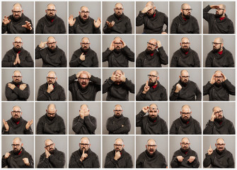 Bald young man with glasses, a set of different emotions, collage