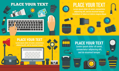 Photographer equipment banner set. Flat illustration of photographer equipment vector banner set for web design