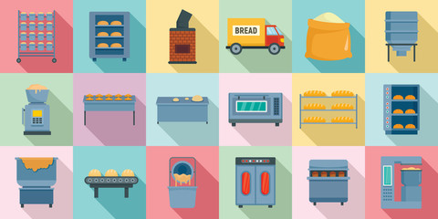 Bakery factory icons set. Flat set of bakery factory vector icons for web design