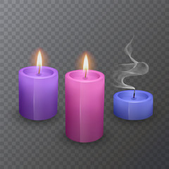 Obraz na płótnie Canvas Set of Realistic candles, Burning pink purple and blue of colors and an extinct candle on dark background, vector illustration