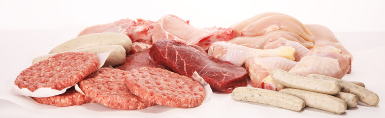 raw meat. Different types of raw pork meat, chicken and beef