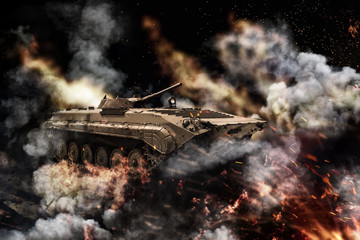 Self-propelled military installation in the burning flames