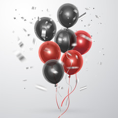 Realistic red and black balloons on a light background. Can be used to design a postcard in honor of black Friday, vector illustration