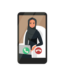 Online Video Conferencing With Happy Arabian Businesswoman in hijab On Smartphone. Vector illustration isolated from white background