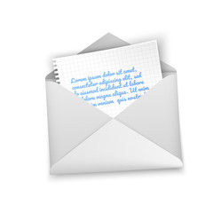 Realistic envelope of white color, open envelope with letter inside on white background. Vector illustration mockup