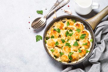 Meatballs in cream sauce with parmesan cheese top view.