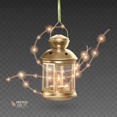 Golden lantern with a glowing candle, hanging lantern surrounded by shiny stars © Zalina