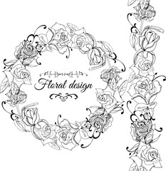 Monochrome wreath and endless brush with rose flowers  with leaves and twirls isolated on white background. Hand drawn ink sketch.